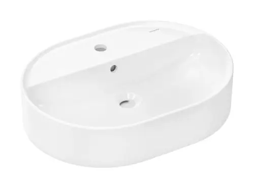 Weißer Aufsatzwaschtisch von Hansgrohe mit ovaler Form, Hahnloch und Überlauf, geeignet für moderne Bäder.
